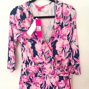 SOLD Lilly Pulitzer NWT size L wrap romper inky navy flamingle